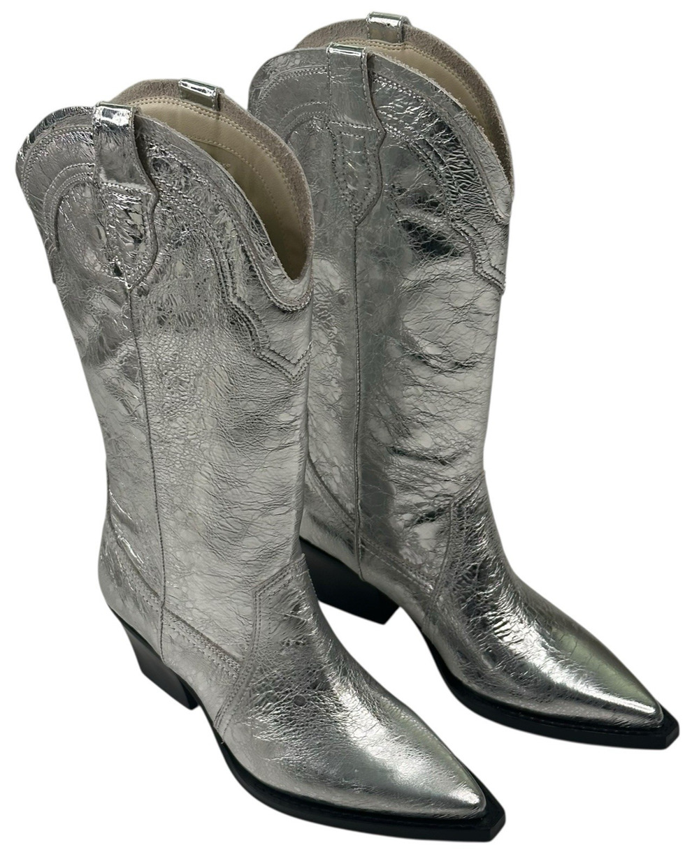 Dolce Vita Rasima Distressed Silver Metallic Cowgirl Boots Womens 6.5 New $295